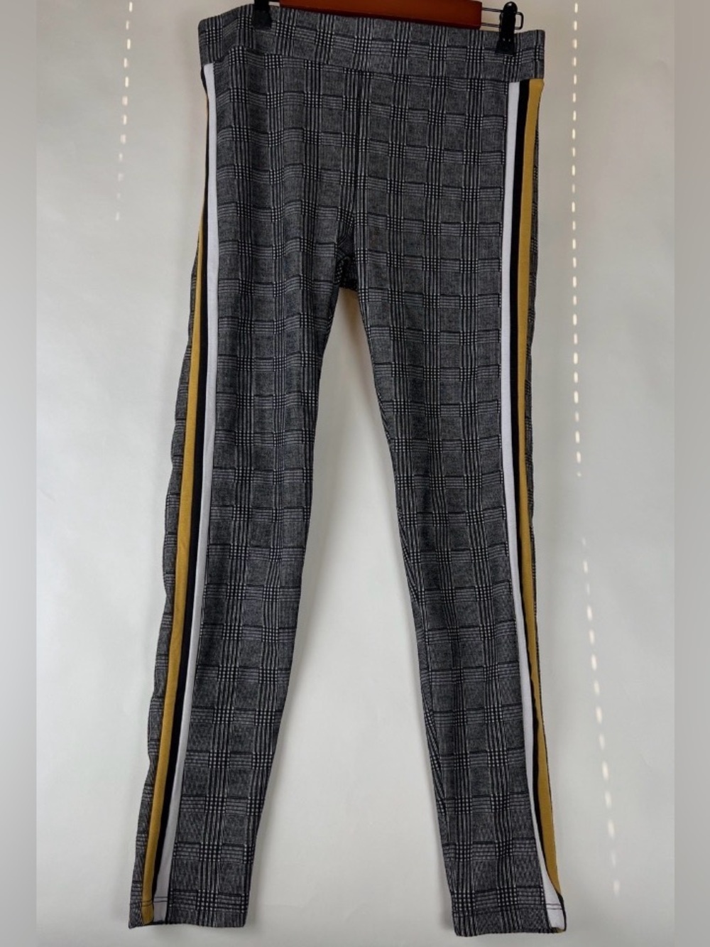 Stoosh ~Gray Plaid Leggings with Mustard and White Side Stripes
